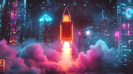 Wall Mural - spaceship rocket, toy rocket upswing, spewing smoke, startup digital neon light, rocket launch and s
