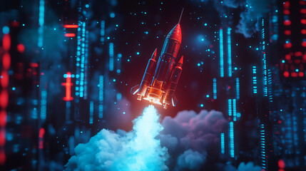 Poster - Spaceship rocket, toy rocket upswing, spewing smoke, startup digital neon light, rocket launch and stars light with dark cyberpunk background