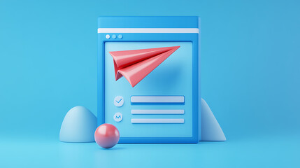 Leinwandbilder - Template to sign up for a newsletter with a cartoon paper airplane, email business marketing concept, registration form, web button mockup, 3d rendering