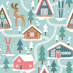 Wall Mural - Hand drawn seamless vector pattern with winter lodge, deer, ski equipment and pine trees. Snowy woodland landscape with cute deer and ski cabin. EPS 10 vector file. Perfect for textile or wallpaper.