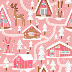 Wall Mural - Hand drawn seamless vector pattern with winter lodge, deer, ski equipment and pine trees. Snowy woodland landscape with cute deer and ski cabin. EPS 10 vector file. Perfect for textile or wallpaper.