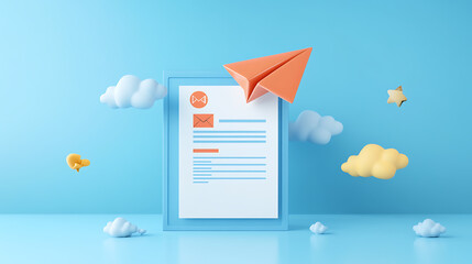 Leinwandbilder - Template to sign up for a newsletter with a cartoon paper airplane, email business marketing concept, registration form, web button mockup, 3d rendering
