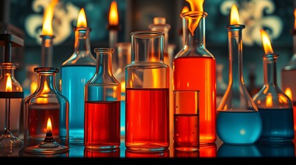 Colorful laboratory glassware display with blue and orange liquids.