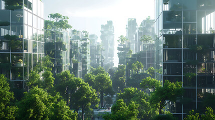 Aufkleber - The city center with tall glass houses is surrounded by trees, 3d illustration