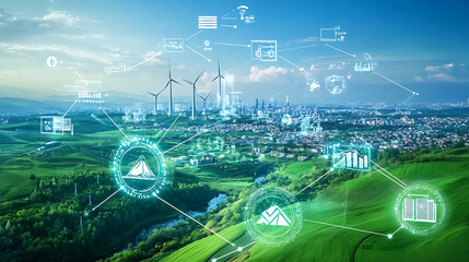 Aufkleber - This image illustrates the use of digital technology for energy digitization and communication for internet businesses, the network on earth and the internet of things are represented together in this