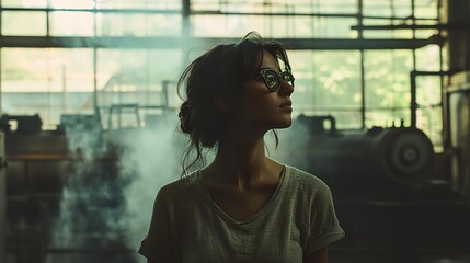 Wall Mural - Pensive Woman in Industrial Setting