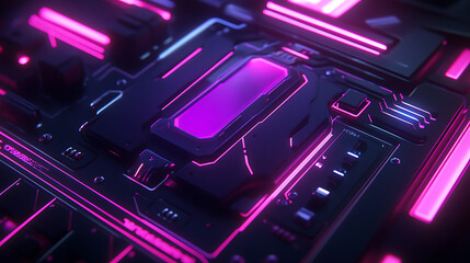 Poster - Upgrade or repair of gaming computer hardware in the dark with neon lights, configuration or repair of desktop gaming computer hardware