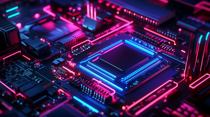 Fototapete - Upgrade or repair of gaming computer hardware in the dark with neon lights, configuration or repair of desktop gaming computer hardware
