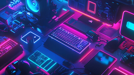 Aufkleber - Upgrade or repair of gaming computer hardware in the dark with neon lights, configuration or repair of desktop gaming computer hardware