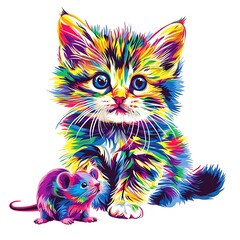  Colorful kitten with mouse, vibrant art, adorable pet