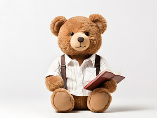 A studio shot of a brown teddy bear, holding a book and wearing a striped shirt and suspenders. The minimalist background highlights the bear's intellectual side.