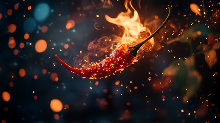 Aufkleber - A flaming hot red chilli pepper on fire, burning hot spicy chilli food