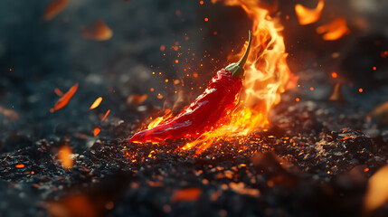 Aufkleber - A flaming hot red chilli pepper on fire, burning hot spicy chilli food