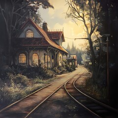 Poster - Sunset at the Train Station: A Serene Landscape Painting