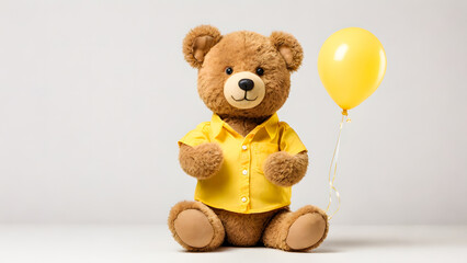 A trendy teddy bear is striking a pose in a yellow shirt, holding a balloon. Its soft fur and casual attire make it a versatile image for a variety of marketing materials.