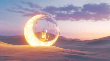 Wall Mural - Beautiful crescent moon with lighting inside glass lantern on sand dune, islamic festival concept, 3d render