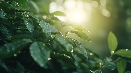 Poster - Beautiful large drop morning dew in nature, selective focus, drops of clean transparent water on leaves, sun glare in drop, image in green tones, spring summer natural background