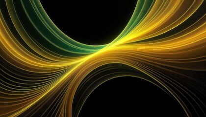 Wall Mural - intertwined golden and green light trails on a black background, forming an abstract flowing wave pattern with dynamic energy and depth

