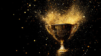 Poster - Champion golden trophy isolated on black background, concept of success and achievement, gold glitters explosion