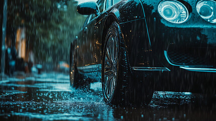 Aufkleber - Close up of a generic unbranded luxury car under rain, illustration