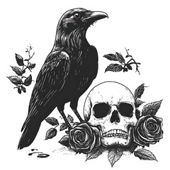 Wall Mural - Raven, Skull, Roses, Art Print