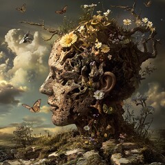 Wall Mural - Stone Head, Blooming Flowers, Surreal Nature