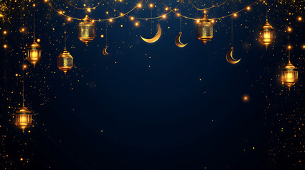 Poster - Crescent moon and golden lanterns on ornamental dark blue navy ramadan kareem background with bokeh, magic festive atmosphere, minimalist islamic dark navy backdrop, glowing decorated light, beautiful