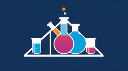Colorful laboratory glassware display with blue and orange liquids.