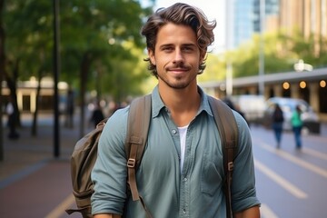 Wall Mural - A man with a backpack and a smile on his face