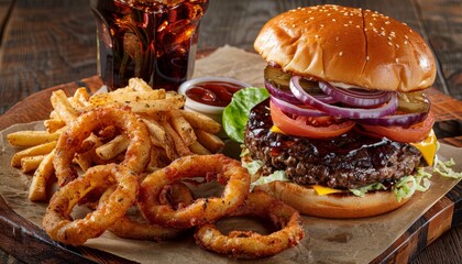 Sticker - A juicy cheeseburger with lettuce, tomato, onion, and pickles, served with crispy onion rings, french fries, and a glass of soda on a wooden table.