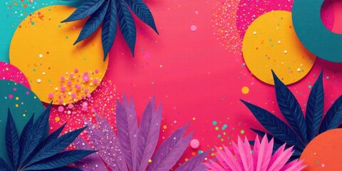 Leinwandbilder - Vibrant Tropical Foliage and Colorful Circular Design Elements on a Pink Background