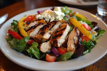 Wall Mural - Mediterranean salad with grilled chicken feta and peppers on mixed greens