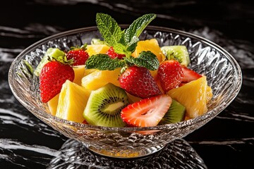 Poster - Mixed fruit bowl with strawberry pineapple kiwi and mint