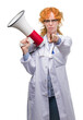 © Krakenimages.com - Young redhead doctor woman holding megaphone pointing with finger to the camera and to you, hand sign, positive and confident gesture from the front