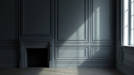 Poster - Large traditional fireplace without a fire, blank walls, empty mantle piece mockup shelf, 3d rendering