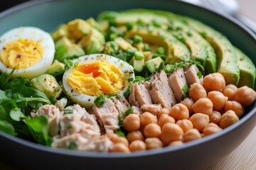 Wall Mural - Nicoise salad with tuna avocado egg and chickpeas healthy and French inspired