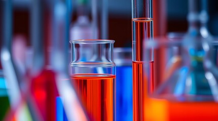 Colorful laboratory glassware display with blue and orange liquids.