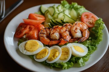 Wall Mural - Nutritious seafood salad with grilled shrimp and veggies