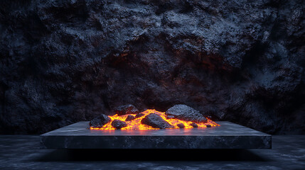 Poster - Podium lava rocks smelt on volcano with magma and lava erupt, stage for product display, blank showcase, mock up template presentation