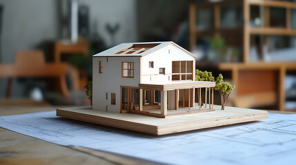 Poster - Small model house make of wood on blue print