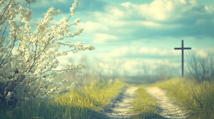 Poster - beautiful spring landscape. Palm Sunday. Blossoming willow against of rural landscape. symbol of palm branch for holiday before Easter. cross, symbol of Christianity religion. Soft focus. Art noise 