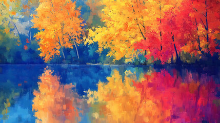 Poster - The picture painted bright autumn trees on blue lake, river, pond, a beautiful time of year, oil painting