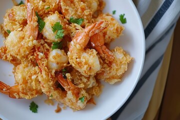 Poster - Plate of almond coated deep fried shrimp tempura featuring Ebi and Thai cuisine Top down view of Asian fried shrimp