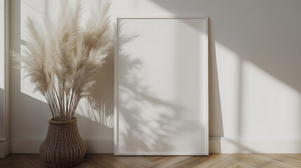 Poster - Vertical white frame mock up, wooden frame poster on wooden floor with white wall