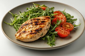 Wall Mural - Plate of grilled chicken breast arugula and tomatoes High quality image