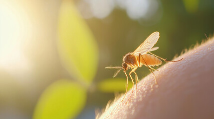 Wall Mural - close up of mosquito feeding on skin, illuminated by sunlight, showcasing nature intricate details