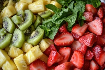 Poster - Refreshing fruit mix with strawberries pineapple kiwi and mint in a bowl