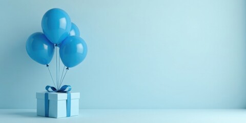 Poster - Serene Blue Balloons Ascending Above a Gift Box on a Pastel Background