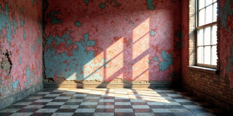 Aufkleber - Sunlit Room with Peeling Paint and Checkered Floor