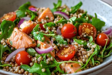 Wall Mural - Salad with buckwheat smoked salmon cherry tomatoes red onion and greens